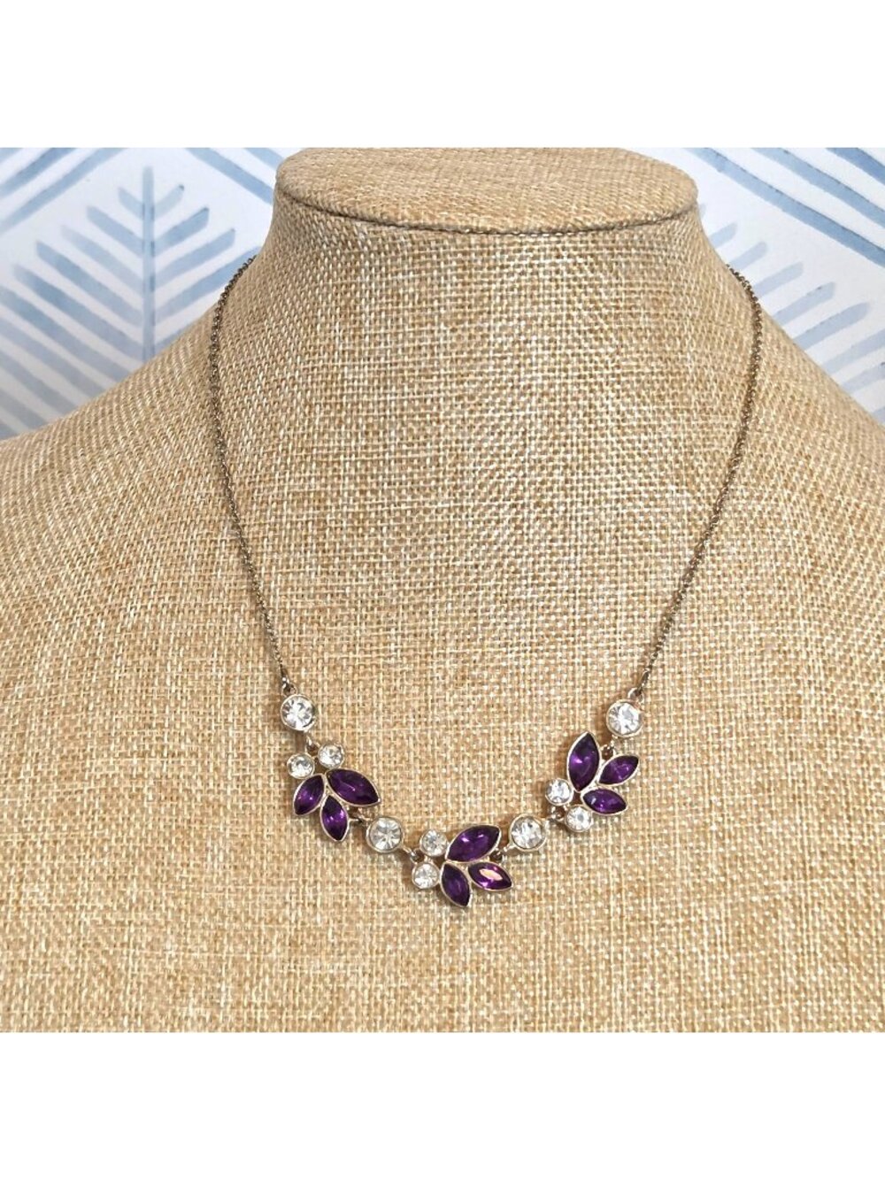 Avon Vintage Purple Glass & Clear Crystal 18" Gold Tone Chain Necklace